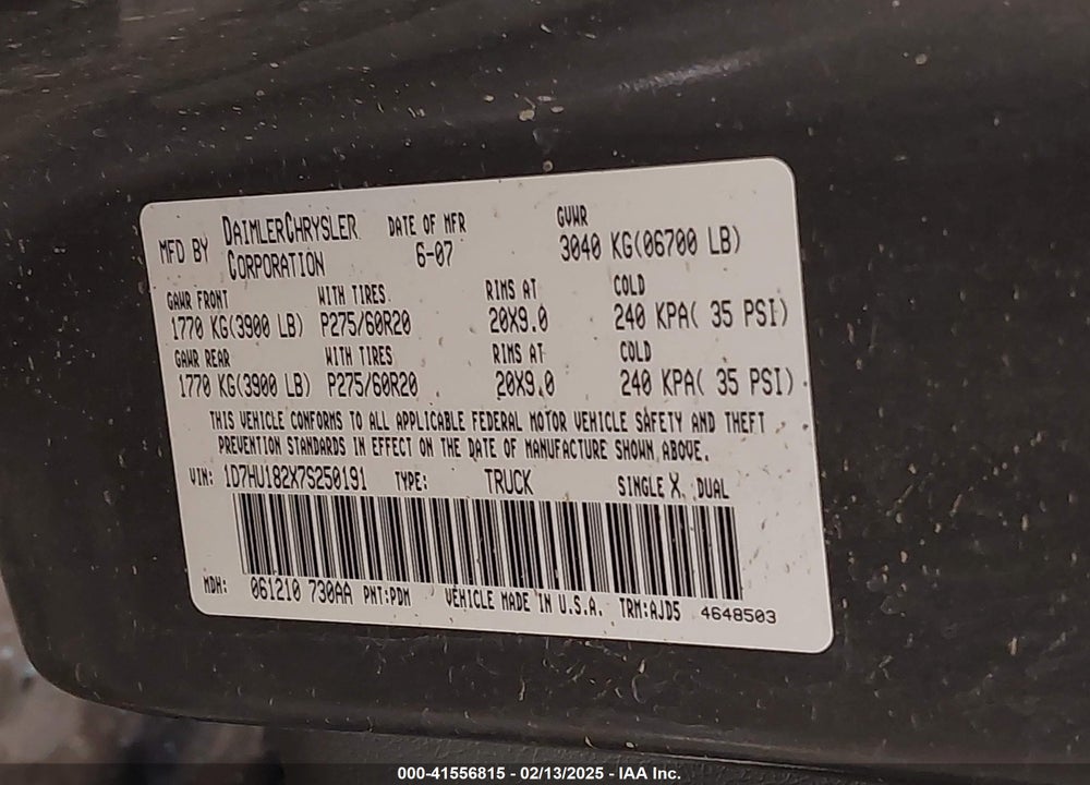 2007 DODGE RAM 1500 SLT/TRX4 OFF ROAD/SPORT VIN: 1D7HU182X7S250191