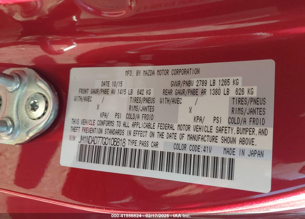 2016 MAZDA MX-5 MIATA VIN: JM1NDAD77G0106818