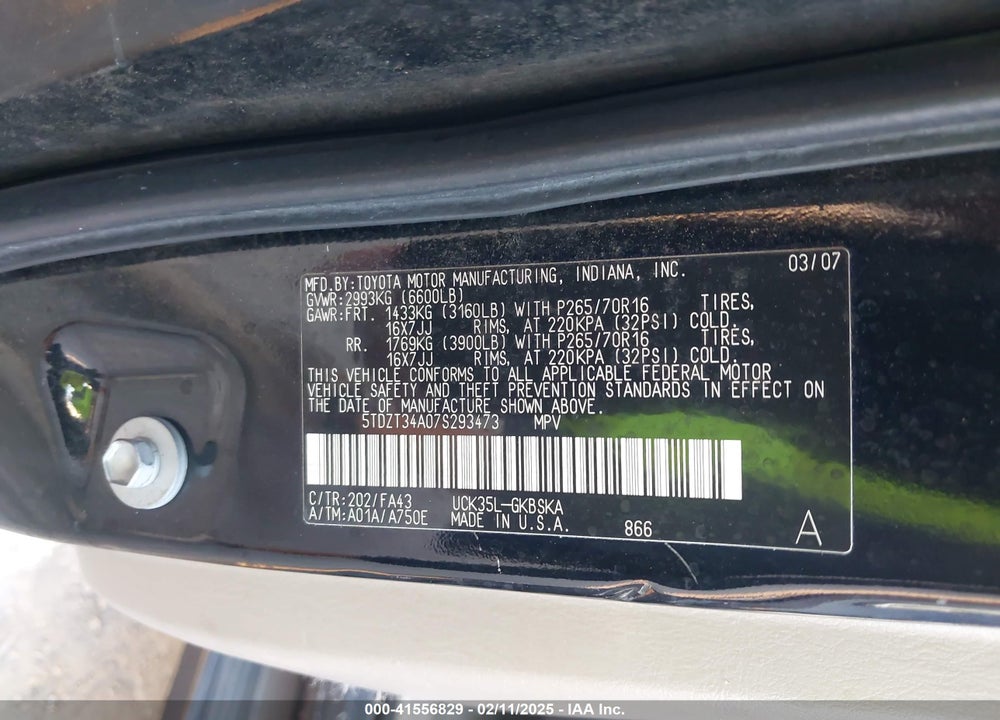 2007 TOYOTA SEQUOIA VIN: 5TDZT34A07S293473