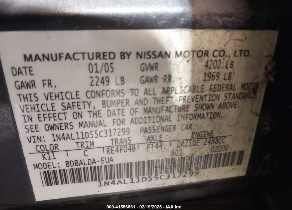 2005 NISSAN ALTIMA 2.5 S VIN: 1N4AL11D55C317299