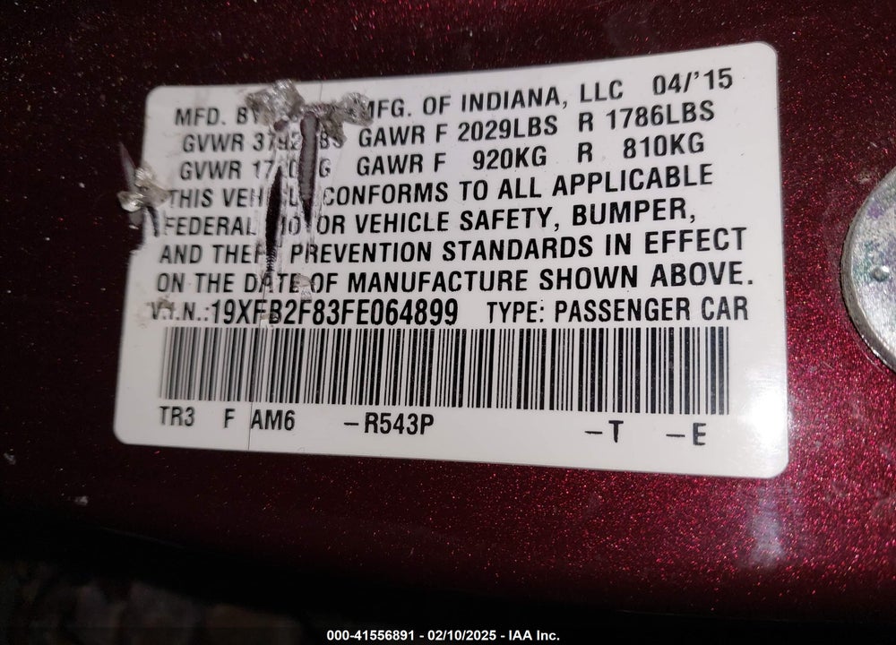 2015 HONDA CIVIC EX VIN: 19XFB2F83FE064899