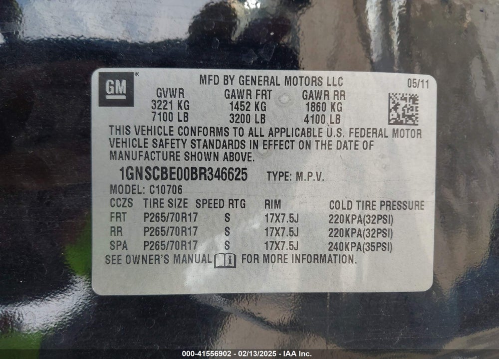 2011 CHEVROLET TAHOE VIN: 1GNSCBE00BR346625