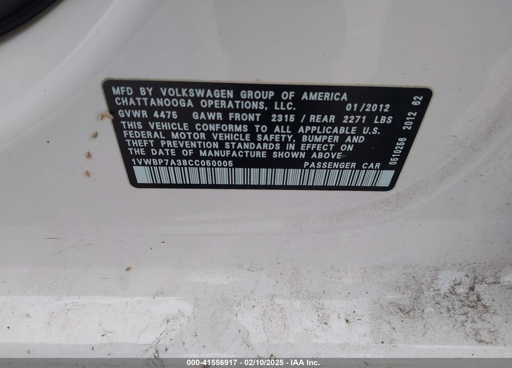 2012 VOLKSWAGEN PASSAT 2.5L SE VIN: 1VWBP7A38CC050005