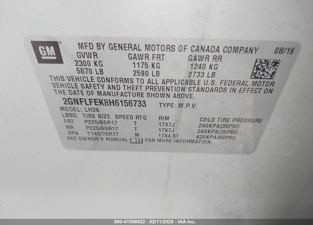 2017 CHEVROLET EQUINOX VIN: 2GNFLFEK8H6156733