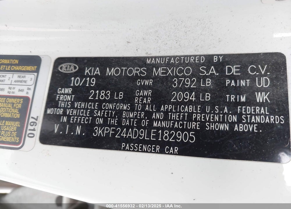 2020 KIA FORTE VIN: 3KPF24AD9LE182905