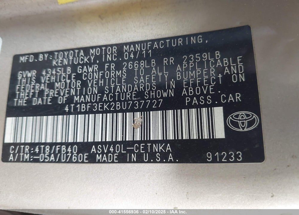 2011 TOYOTA CAMRY VIN: 4T1BF3EK2BU737727