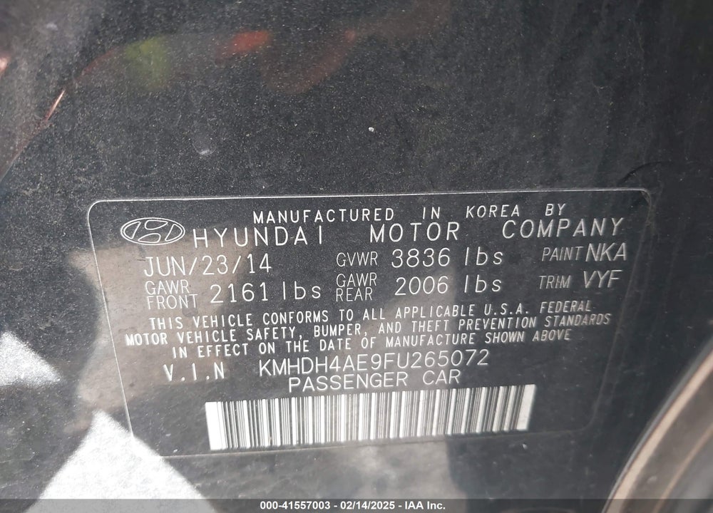 2015 HYUNDAI ELANTRA VIN: KMHDH4AE9FU265072