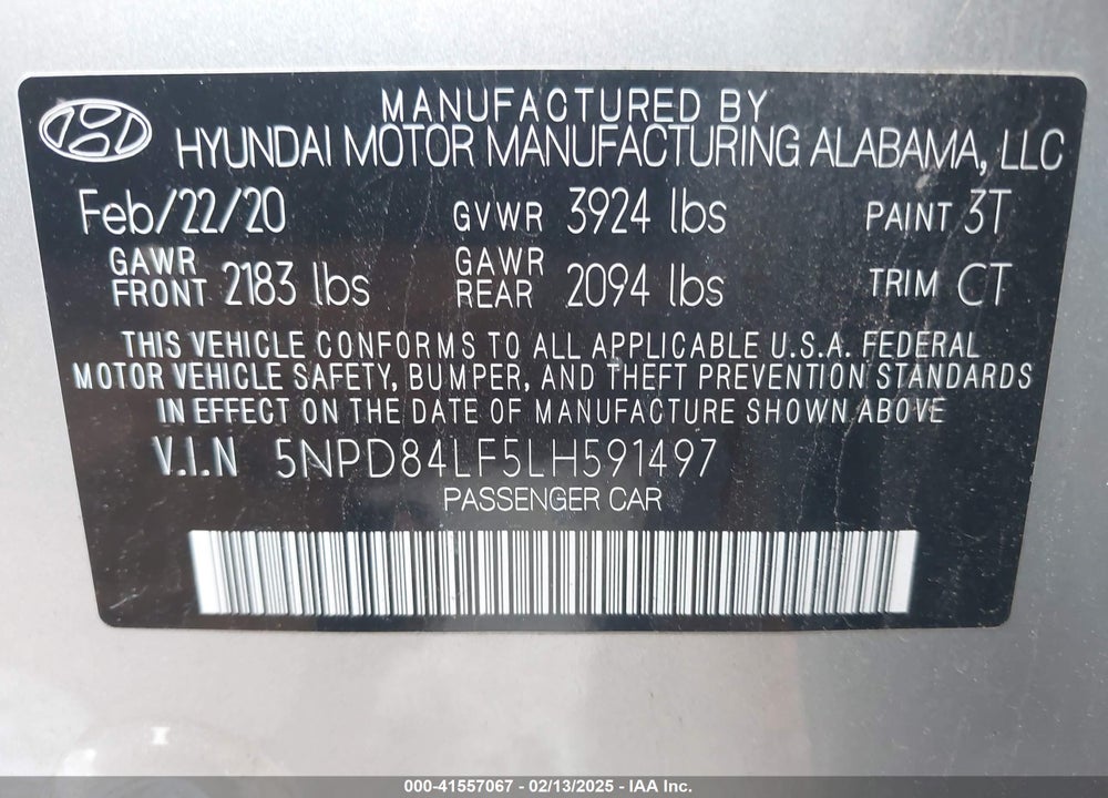 2020 HYUNDAI ELANTRA VIN: 5NPD84LF5LH591497