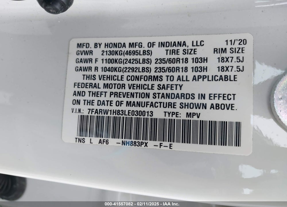 2020 HONDA CR-V 2WD EX-L VIN: 7FARW1H83LE030013