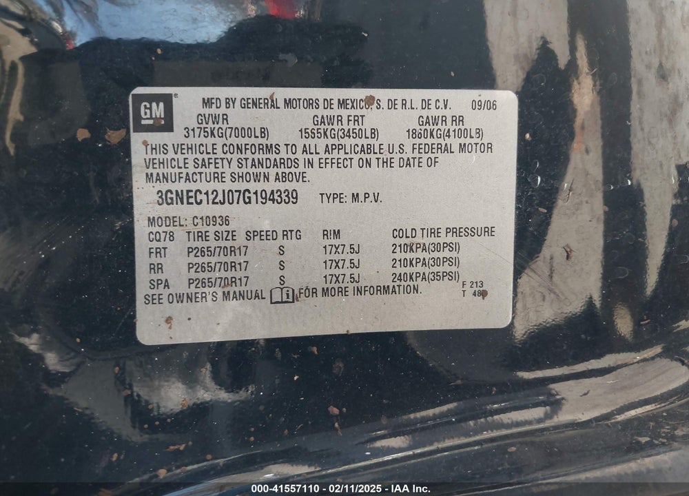 2007 CHEVROLET AVALANCHE 1500 LS VIN: 3GNEC12J07G194339