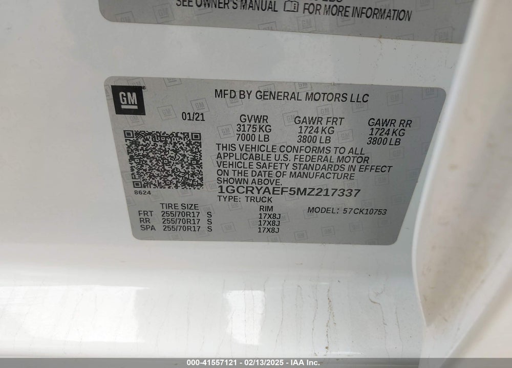 2021 CHEVROLET SILVERADO 1500 4WD DOUBLE CAB STANDARD BED WT VIN: 1GCRYAEF5MZ217337