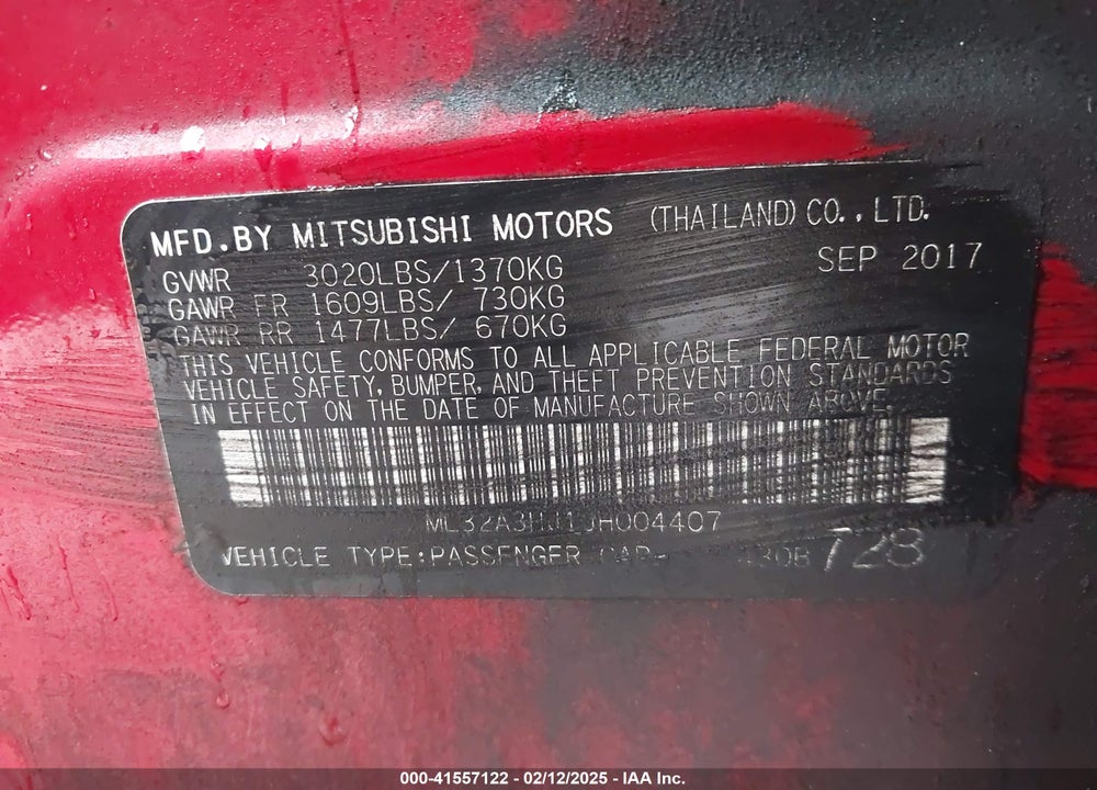 2018 MITSUBISHI MIRAGE VIN: ML32A3HJ1JH004407