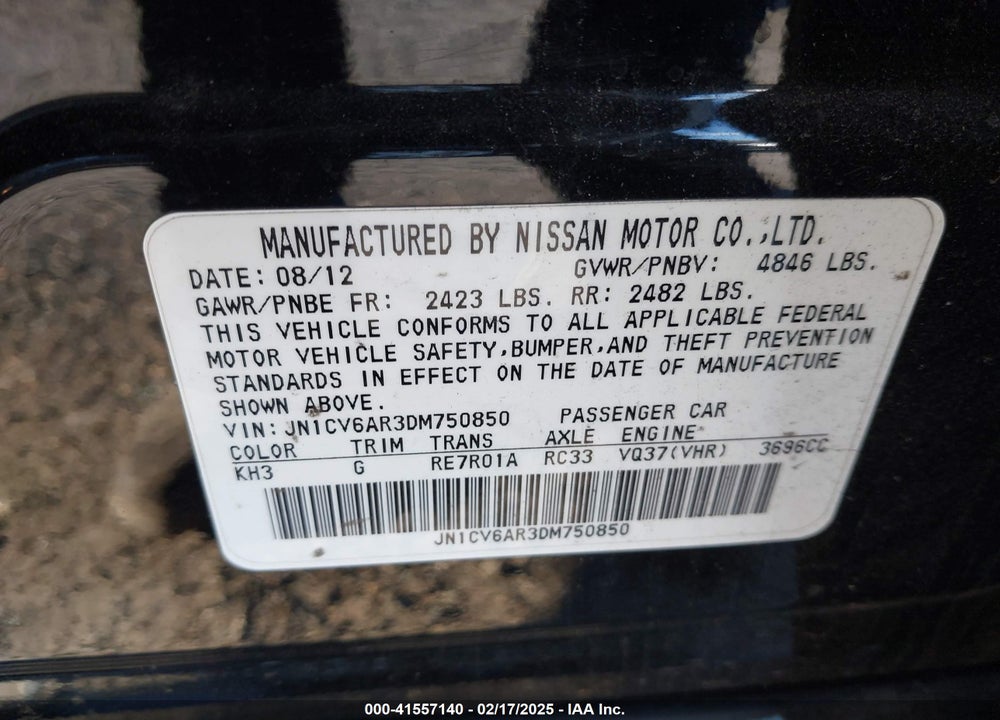 2013 INFINITI G37X VIN: JN1CV6AR3DM750850