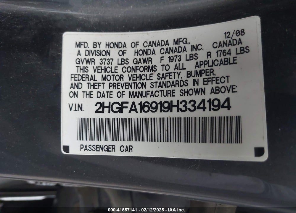 2009 HONDA CIVIC EX-L VIN: 2HGFA16919H334194