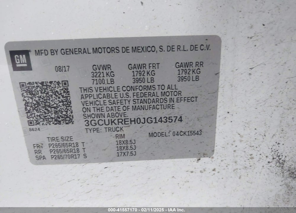 2018 CHEVROLET SILVERADO 1500 VIN: 3GCUKREH0JG143574