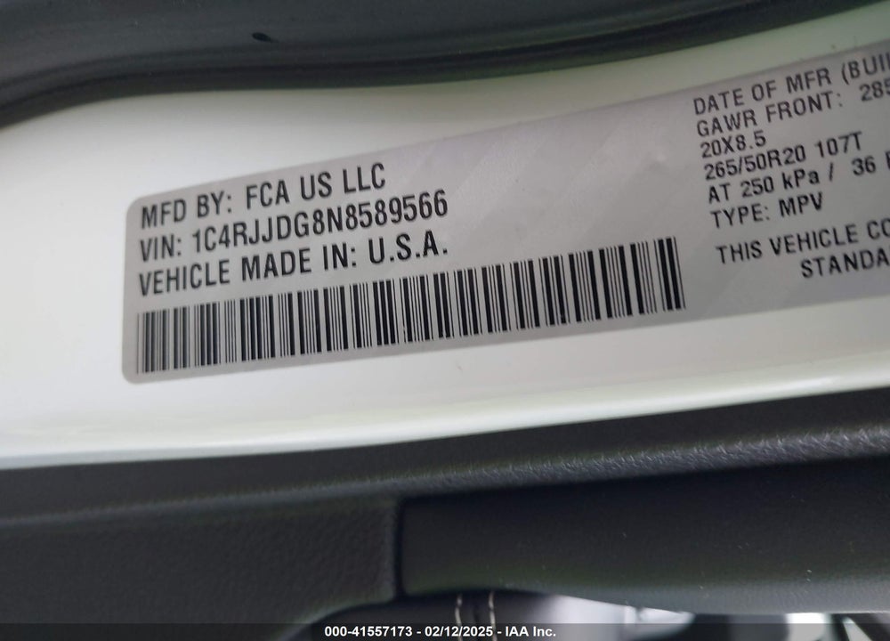 2022 JEEP GRAND CHEROKEE L VIN: 1C4RJJDG8N8589566