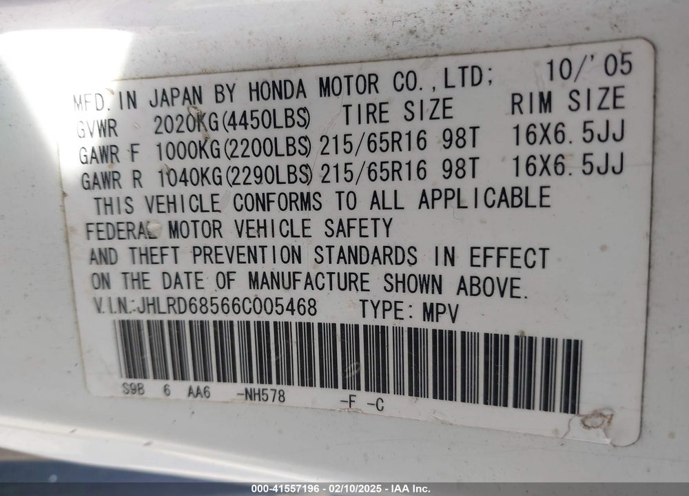 2006 HONDA CR-V LX VIN: JHLRD68566C005468