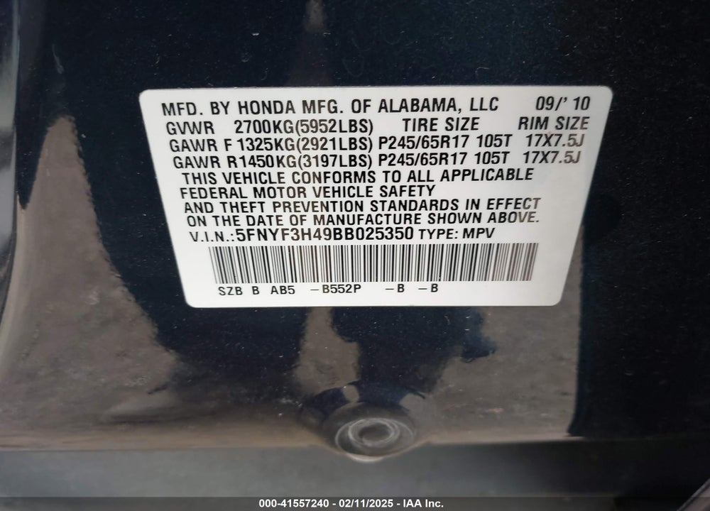 2011 HONDA PILOT VIN: 5FNYF3H49BB025350