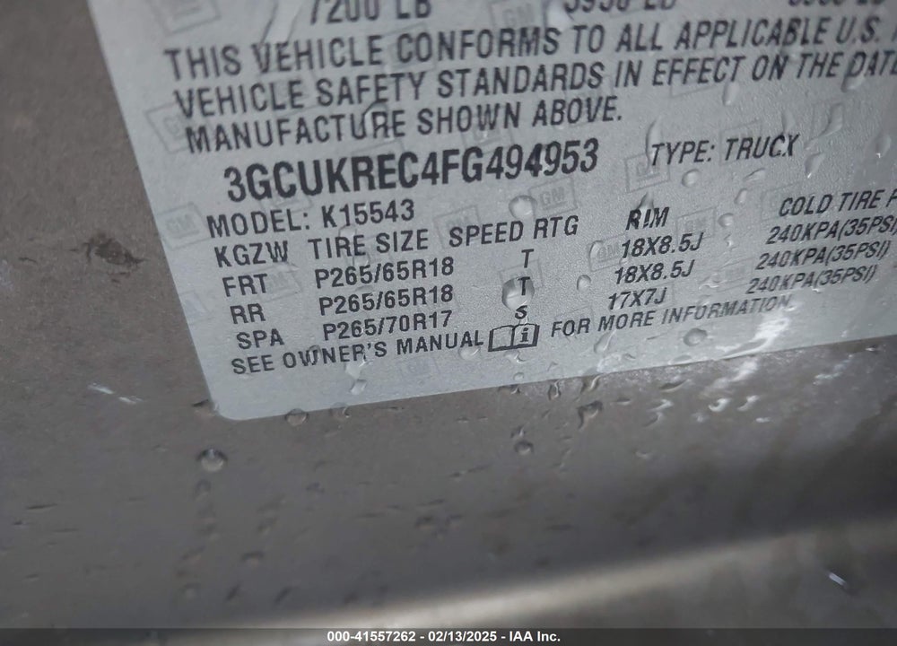 2015 CHEVROLET SILVERADO VIN: 3GCUKREC4FG494953