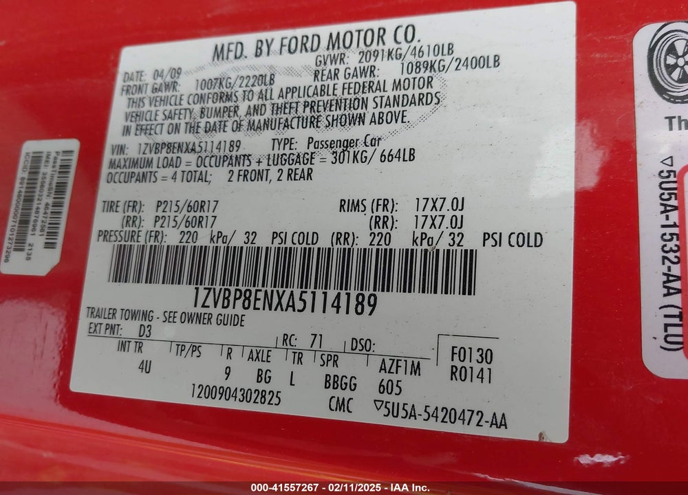2010 FORD MUSTANG V6/V6 PREMIUM VIN: 1ZVBP8ENXA5114189