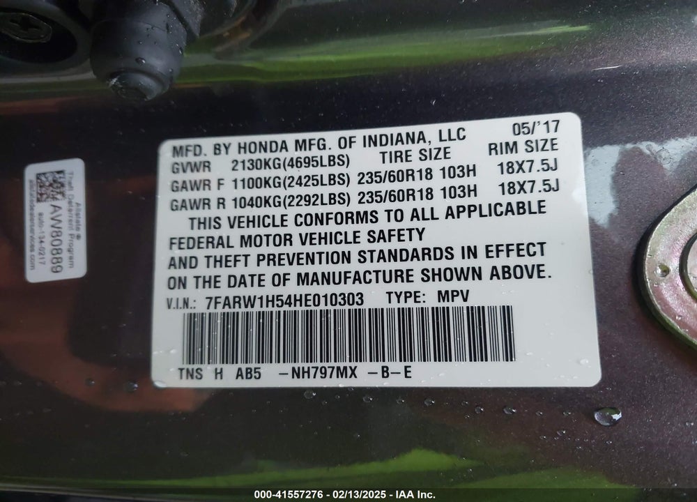 2017 HONDA CR-V VIN: 7FARW1H54HE010303