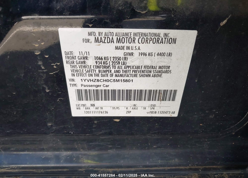 2012 MAZDA MAZDA6 VIN: 1YVHZ8CH0C5M15801