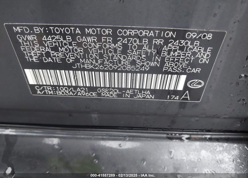 2009 LEXUS IS VIN: JTHBK262092085249
