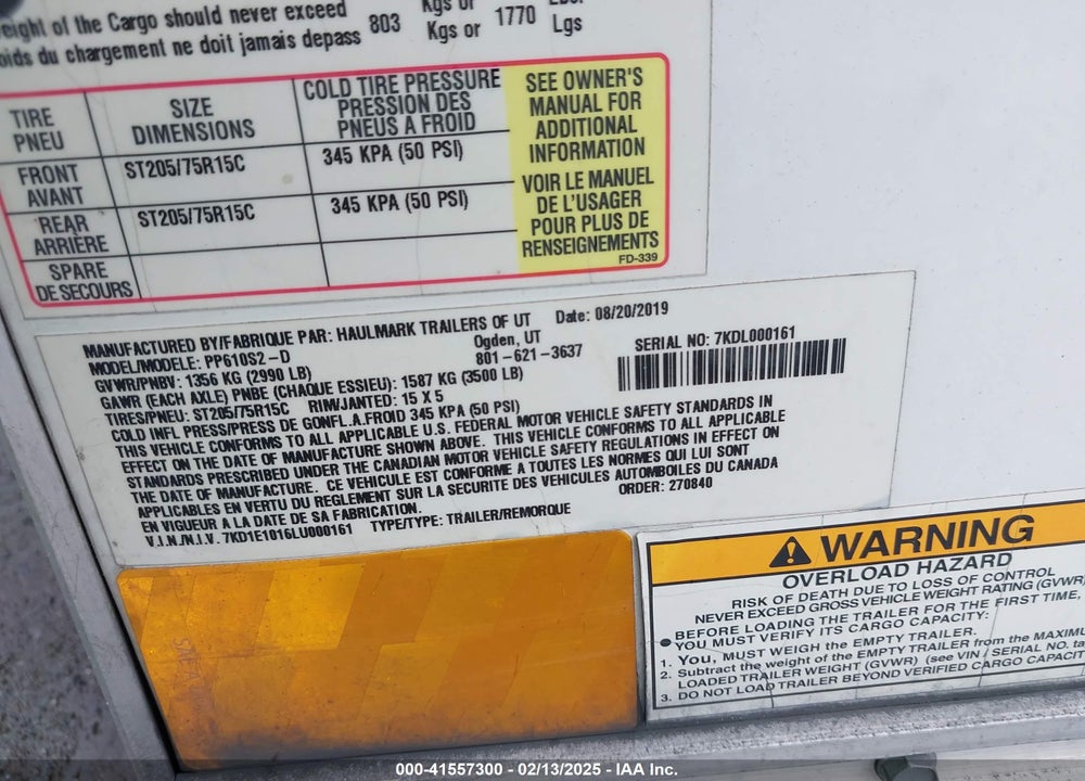 2020 HAULMARK PP61052-D VIN: 7KD1E1016LU000161