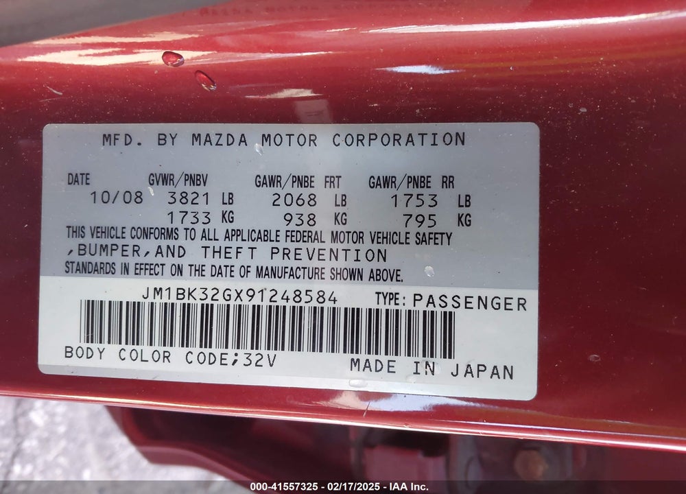 2009 MAZDA MAZDA3 VIN: JM1BK32GX91248584