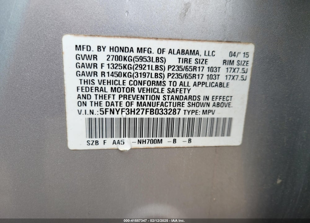 2015 HONDA PILOT VIN: 5FNYF3H27FB033287
