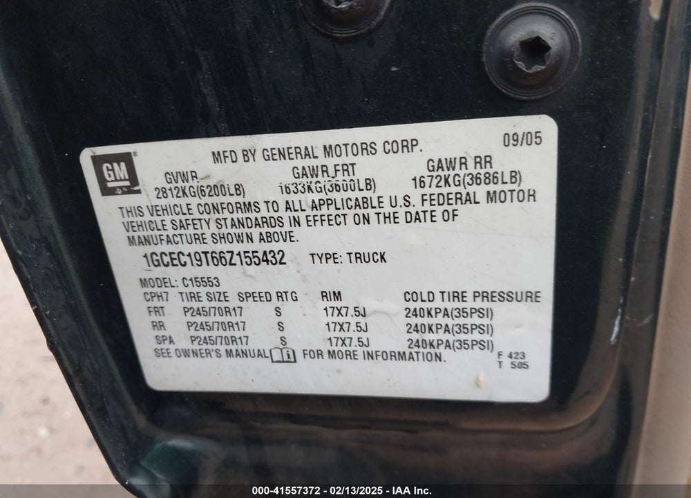 2006 CHEVROLET SILVERADO 1500 VIN: 1GCEC19T66Z155432