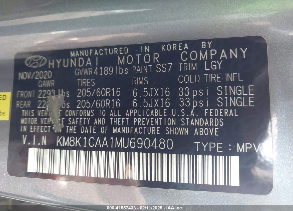 2021 HYUNDAI KONA VIN: KM8K1CAA1MU690480