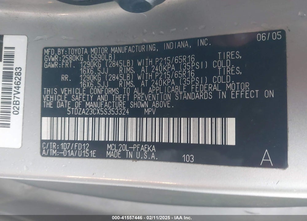 2005 TOYOTA SIENNA CE VIN: 5TDZA23CX5S353324