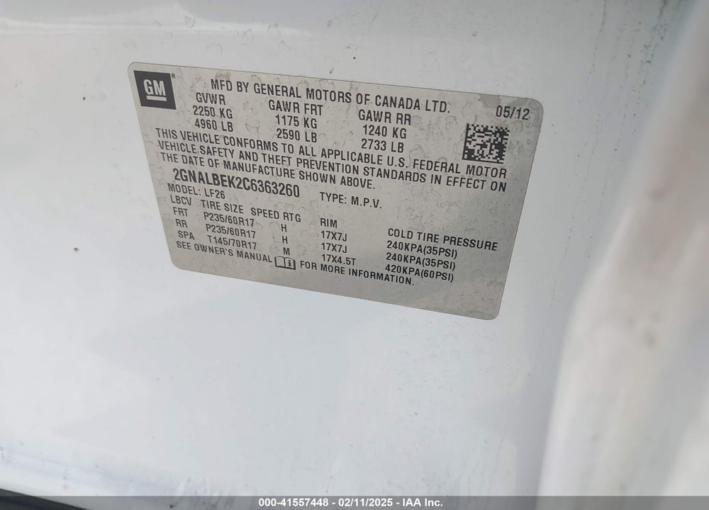 2012 CHEVROLET EQUINOX LS VIN: 2GNALBEK2C6363260