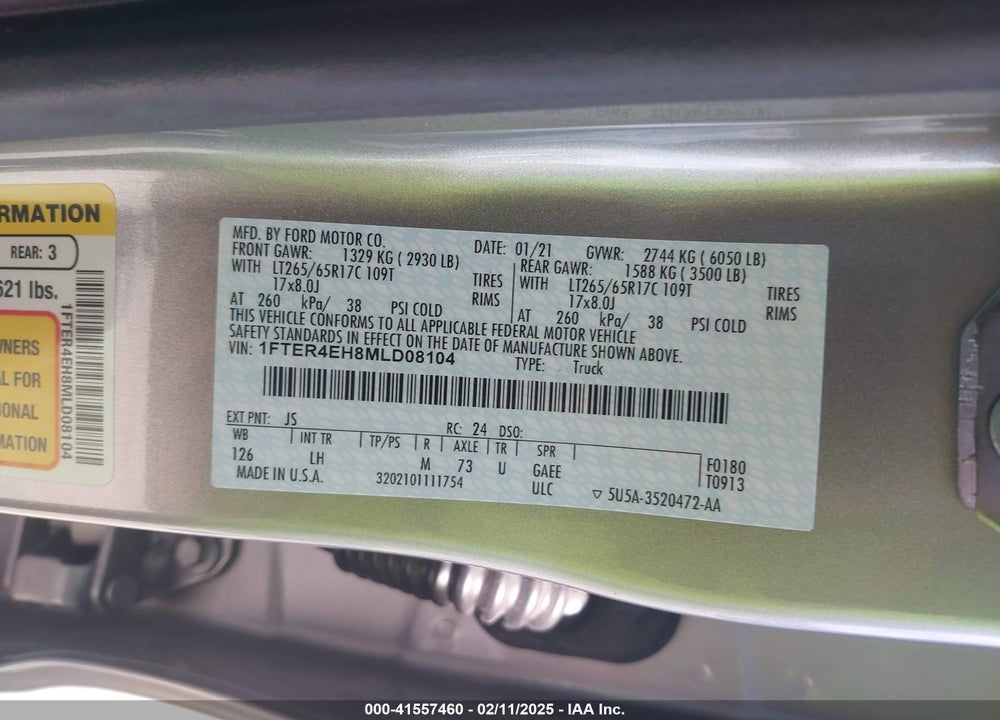 2021 FORD RANGER VIN: 1FTER4EH8MLD08104