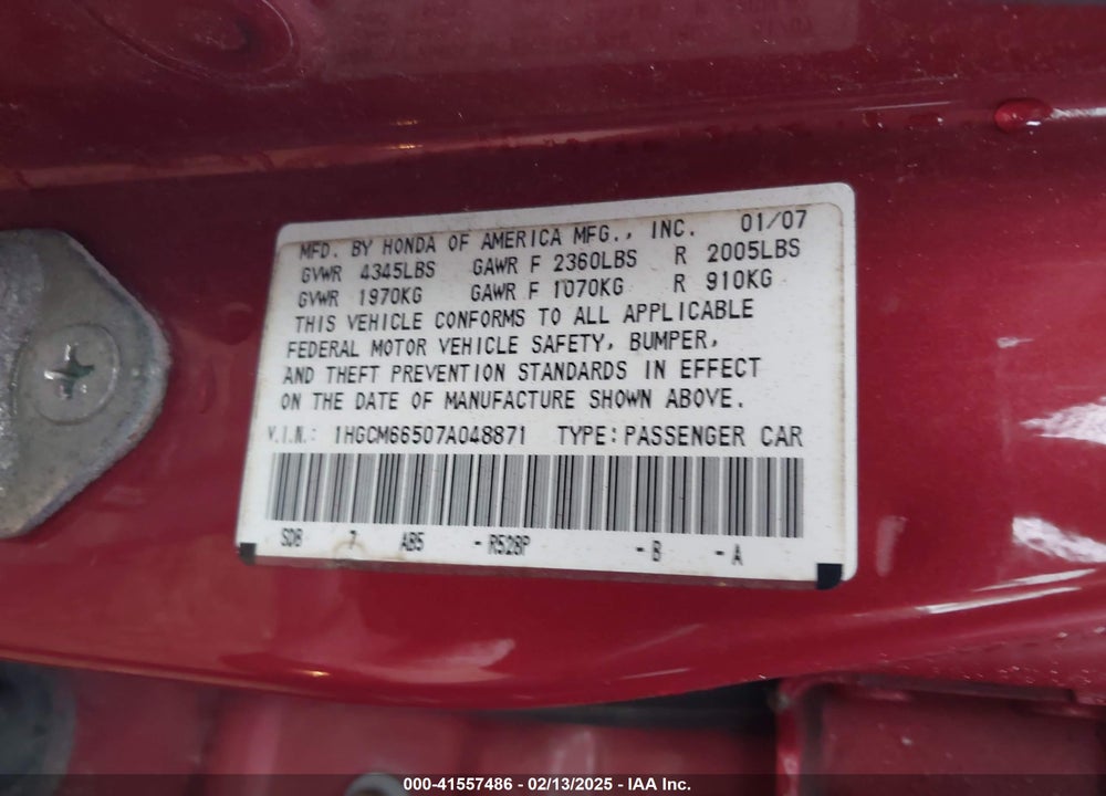 2007 HONDA ACCORD 3.0 EX VIN: 1HGCM66507A048871