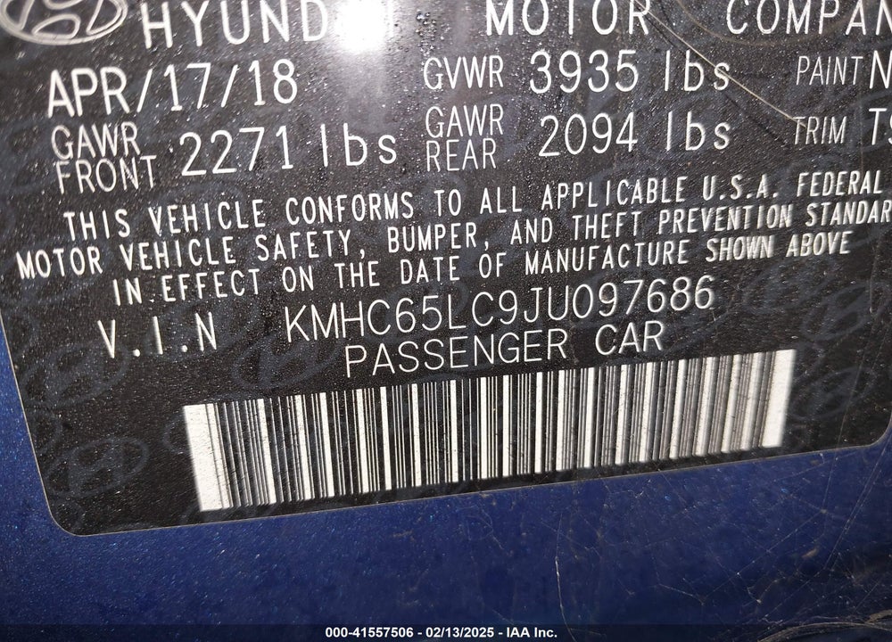 2018 HYUNDAI IONIQ VIN: KMHC65LC9JU097686