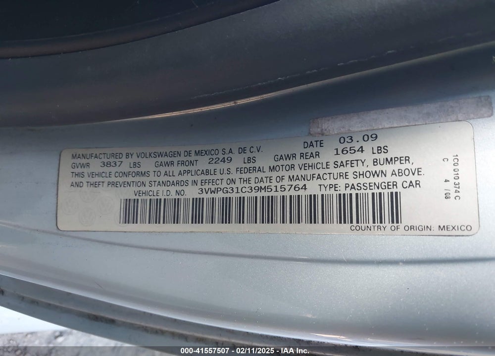 2009 VOLKSWAGEN NEW BEETLE 2.5L VIN: 3VWPG31C39M515764