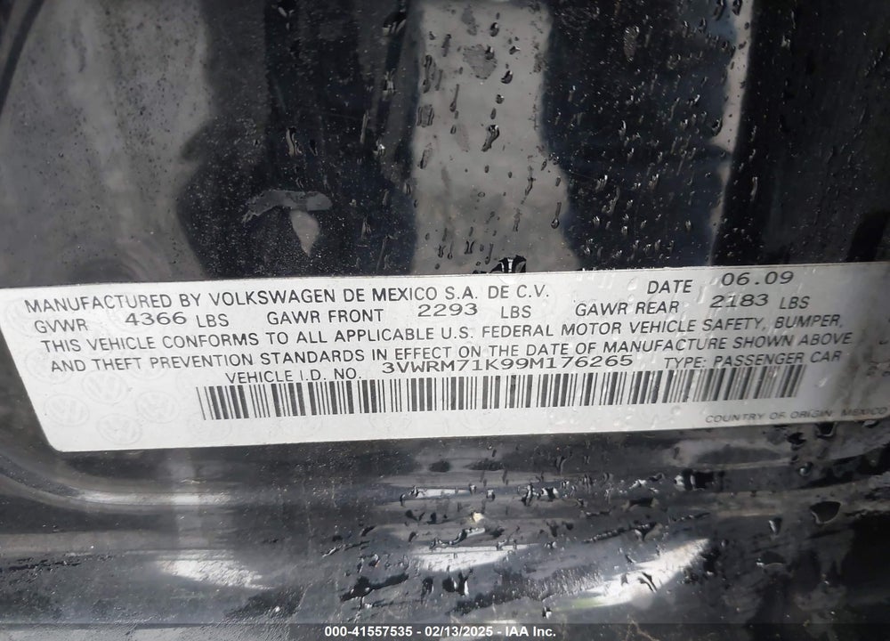 2009 VOLKSWAGEN JETTA VIN: 3VWRM71K99M176265