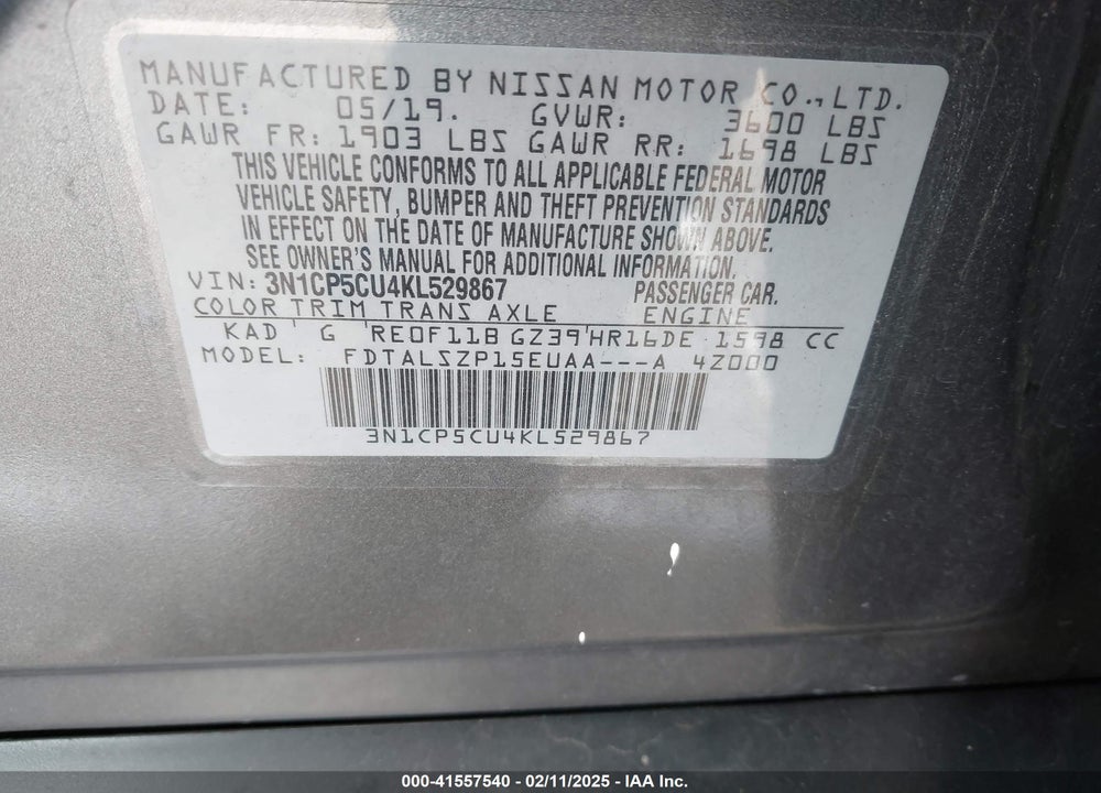 2019 NISSAN KICKS VIN: 3N1CP5CU4KL529867