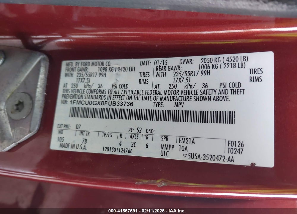 2015 FORD ESCAPE SE VIN: 1FMCU0GX8FUB33736