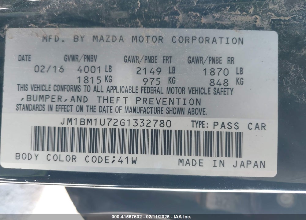 2016 MAZDA MAZDA3 VIN: JM1BM1U72G1332780