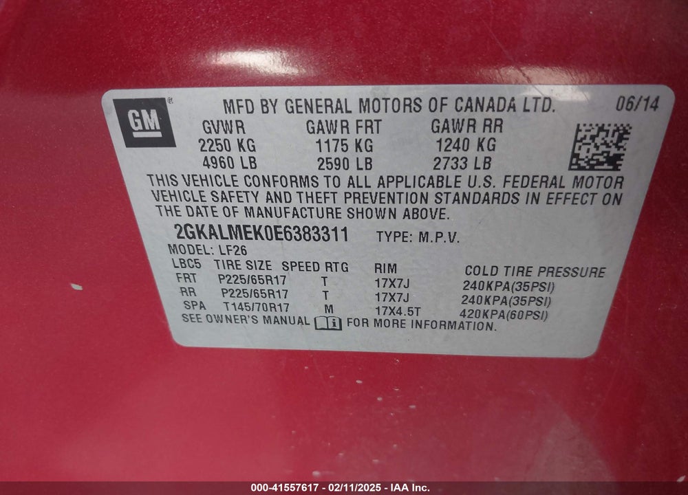 2014 GMC TERRAIN SLE-1 VIN: 2GKALMEK0E6383311