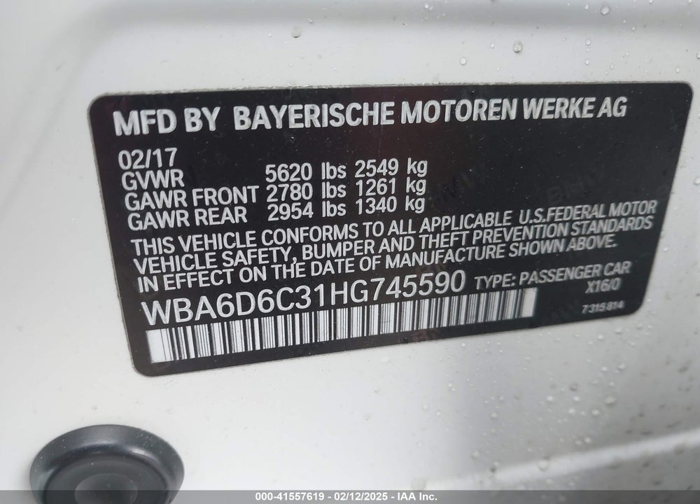 2017 BMW 6 SERIES VIN: WBA6D6C31HG745590