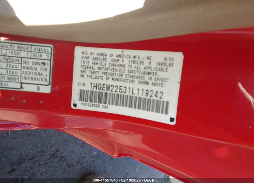 2001 HONDA CIVIC LX VIN: 1HGEM22531L119242