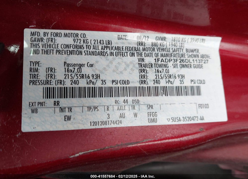 2013 FORD FOCUS VIN: 1FADP3F26DL113727