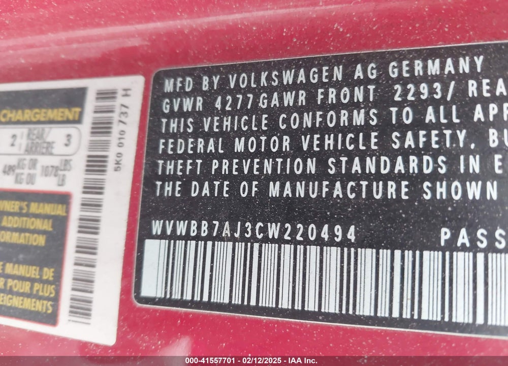 2012 VOLKSWAGEN GOLF VIN: WVWBB7AJ3CW220494