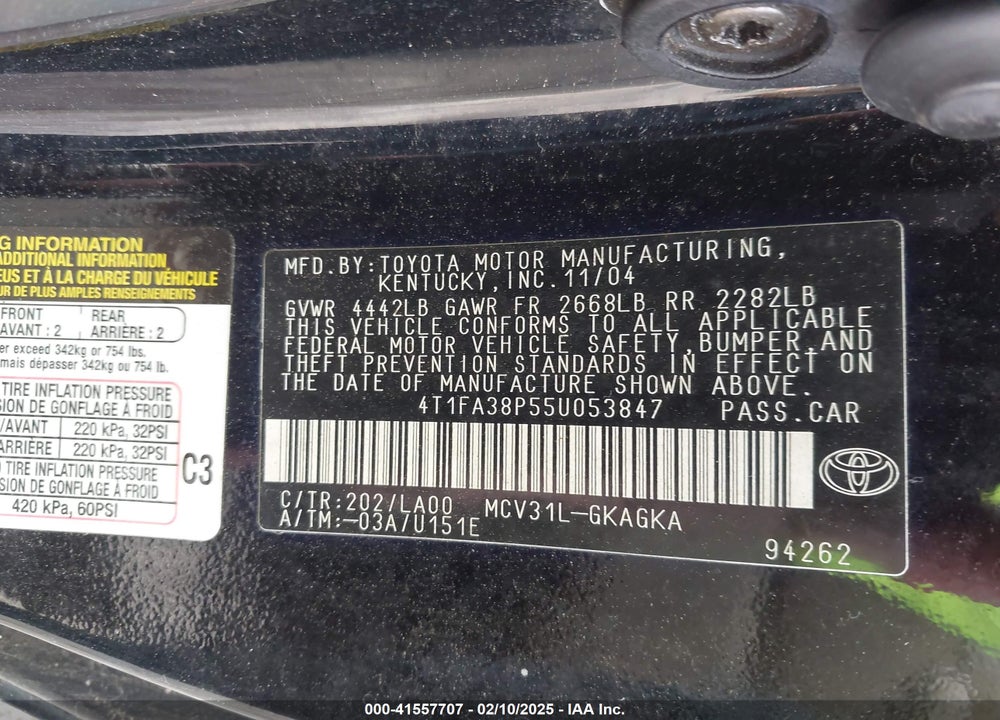 2005 TOYOTA CAMRY SOLARA SLE VIN: 4T1FA38P55U053847