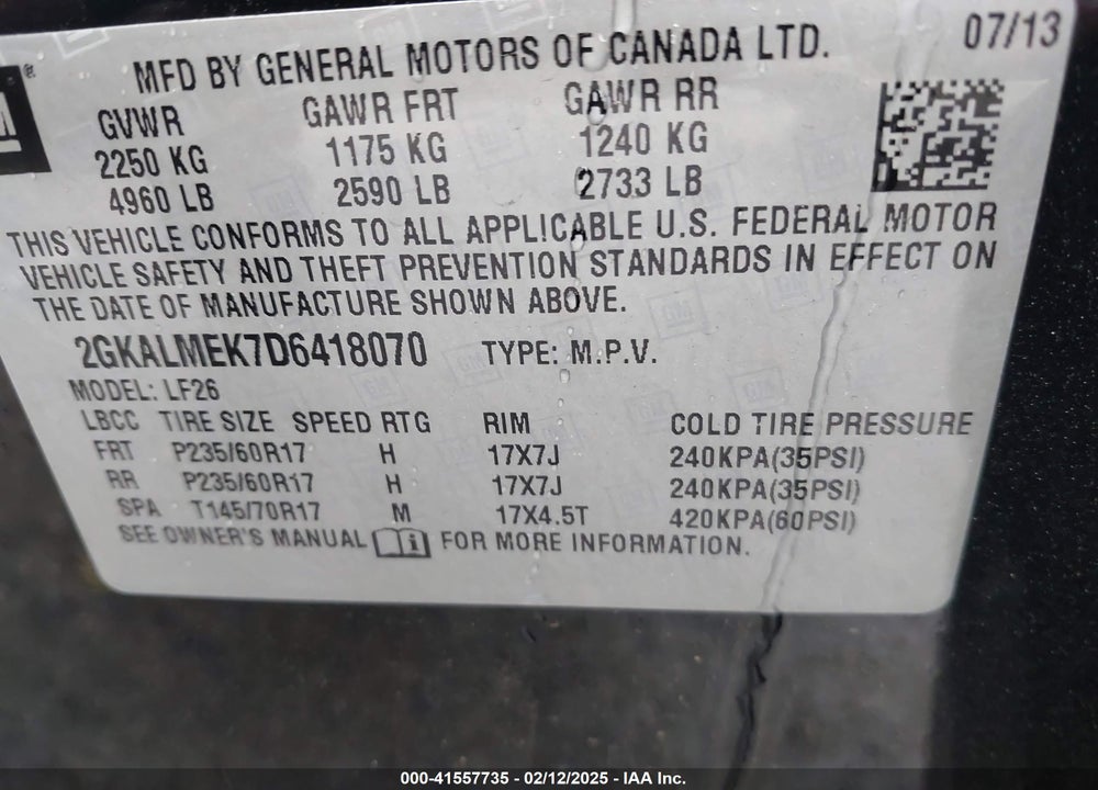 2013 GMC TERRAIN SLE-1 VIN: 2GKALMEK7D6418070