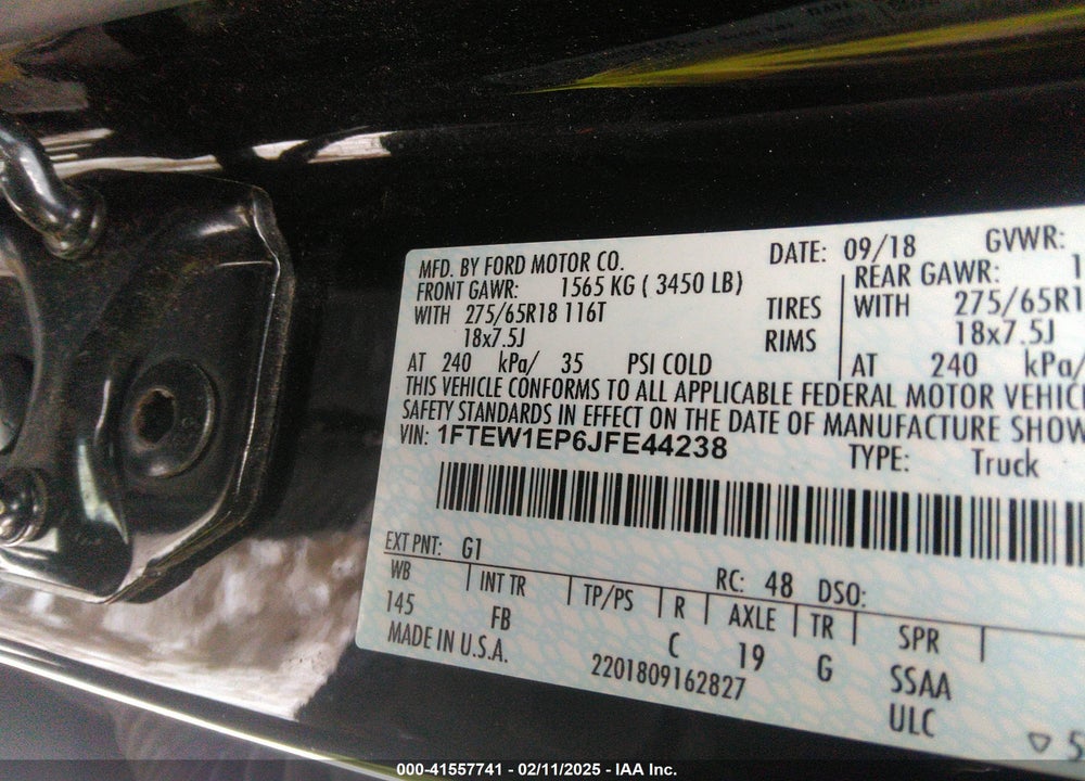 2018 FORD F-150 VIN: 1FTEW1EP6JFE44238